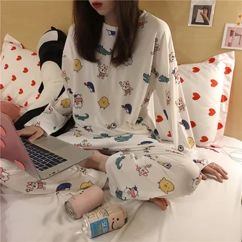 Pajama Sets Women Long Sleeve Plus Size 2XL Printed Homewear Kawaii Korean Style Womens Sleepwear Trendy Leisure Loose Elegant