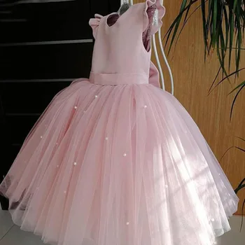 Naujas Persikų Pink Gėlių Mergaičių Suknelės, Vestuvių Duobute Backless Gimtadienio Vakarą Tiulio Suknelė Princesė Kamuolys Suknelė Vestidos