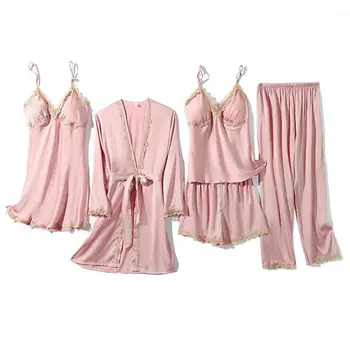 Moterų Pižama Nustatyti Dirbtiniais Šilko naktiniai drabužiai Pyjama Pour Femme 5vnt Sleepwear Chalatas Kimono Suknelė Seksualus Pjs Kelnių Kostiumai Su Nėriniais