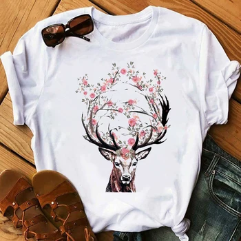 Antilopė galvos gėlių Spausdinti Baltos spalvos marškinėlius Moterims Vasaros Trumpas Rankovės Marškinėliai Harajuku Negabaritinių Viršūnes Moterų marškinėliai Hip-Hop Drabužiai
