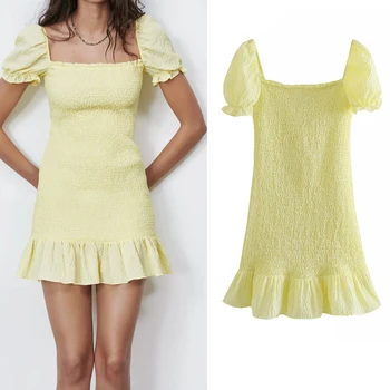 Za Moterys Vasarą, Geltona Tekstūra Pynimo Mini Suknelė 2021 Kvadratinių Kaklo Sluoksniuotos Rankovėmis Suknelės Moteris Mados Pynimas Mielas Pasakų Suknelė