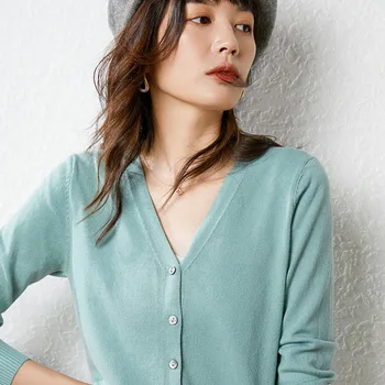 Korėjos Stiliaus V-Kaklo, Megztiniai Džemperis Cardigan Pavasario 2021 Moterų Atsitiktinis ilgomis Rankovėmis Mygtuką, susagstomi megztiniai Streetwear Mados moterų Kailis