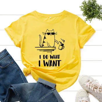 Moteriški Medvilniniai Marškinėliai Spausdinti Shirt Grafikos Tees trumpomis Rankovėmis Vasarą Tee Viršūnes Moterų Tees Drabužius darau tai, Ką Noriu, Cool Cat Pet