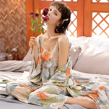 Naujas Moterų Pajama Komplektai Moterų 3 dalių Komplektas Miego Lounge Medvilnės Seksualus Vasaros Ir Rudens Pijama naktiniai drabužiai Gėlių Plius Dydis Tracksuit