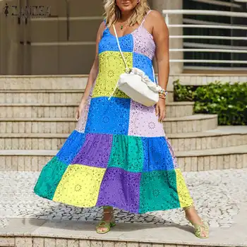 ZANZEA Elegantiška Berankovė Skraiste Moterų Šventė Diržas Suknelė 2021 M. Vasarą Spliced Spausdinti Vestidos Beach V Kaklo Maxi Suknelės