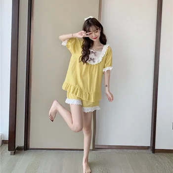 Trumpas Rankovės Pajama Nustatyti Moterų Kawaii Japonų Stiliaus Nėrinių Aikštėje Apykaklės Laisvas Minkštų Vasara Dviejų Dalių Sleepwear Ins Naujausias Homewear