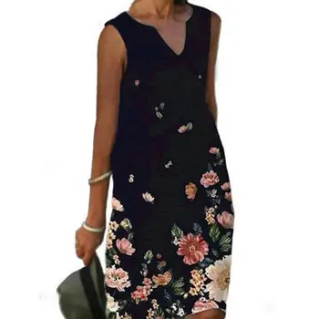 Vasarą Moterys Boho Stiliaus Lino Suknelė V Kaklo Gėlių Spausdinti Rankovių Prarasti Kelio ilgio Suknelė Darbo Streetwear