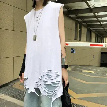 Berankoviai marškinėliai Moterų Harajuku Hip-Hop Cisternos Dydžio baltus marškinėlius Perforuotas Apkarpytos Dizaino Įgulos kaklo Liemenė Populiariausių