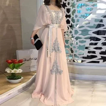 Saldus Rožinis Tiulis-line Maroko Kaftan Dubajus Vakaro Suknelė Elegantiškas Appliques Nėrinių Musulmonų Arabija Oficialų Prom Dresses Užsakymą
