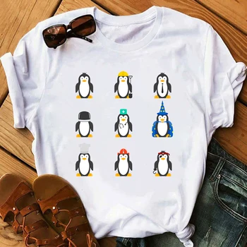 Mielas pingvinas Atspausdinta marškinėliai Moterims Grafinis Tees Apvalios Kaklo trumpomis Rankovėmis Vasaros Viršūnes Ponios Harajuku tShirts Ropa De Verano Mujer