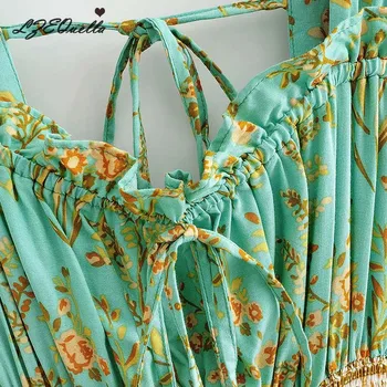 Žalia Spausdinti Backless Moterų Suknelė Vasaros Atostogų Stiliaus Aikštėje Apykaklės Aukštos Juosmens Susiėmę Trumpomis Rankovėmis Suknelės Boho Gėlių Vestidos