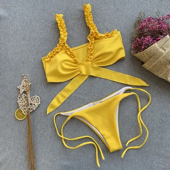 Geltona Raudona Juostele ir High Waisted Bikini Rinkiniai, Seksualus Bako Viršuje maudymosi kostiumėlį Dviejų dalių maudymosi Kostiumėliai Moterims, 2021 Naujas Paplūdimio Maudymosi Kostiumai