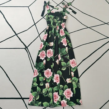 Ilga Suknelė Dizaineris Aukštos Kokybės Naujas Vasaros Moterų Atsitiktinis Bohemijos Derliaus Elegantiškas Prašmatnus Rožių Gėlių Spausdinti Diržas Šalis Suknelės