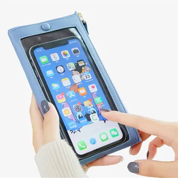 Moteris mobiliuoju telefonu maišelį su matomas jutiklinis ekranas nešiojamų apyrankė-antriešis odos piniginės kreditinės kortelės atveju grynųjų pinigų maišas mergina dovana