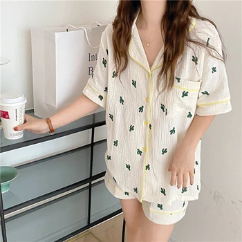 CBAFU minkštas patogus medvilnės pižama nustatyti vasaros homewear trumpomis rankovėmis palaidinė, šortai 2 dalių komplektas sleepwear kaktusas M728