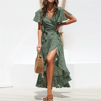 Boho Summer Maxi Dress Moterų Paplūdimio Žalia Gėlių Spausdinti Ilga Suknelė Raukiniai Wrap Atsitiktinis V-Kaklo Padalinta Seksualus Suknelės, Šaliai, Skraistės