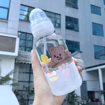 Mielas Lokys žindukas stiklo butelis su šiaudų kawaii Spenelių Puodelio vandens butelį, mergaitėms, vaikams, nešiojamų vandens puodelį BPA free dovanos