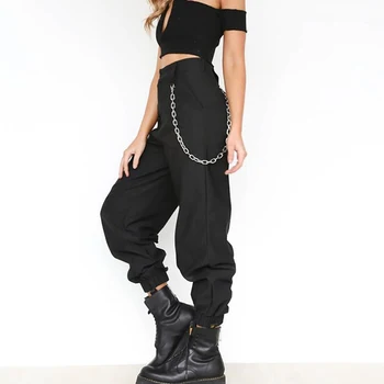 Rudens derliaus grandinės juoda krovinių kelnės moterims vidurio juosmens kelnes poilsiu baggy kelnės moterims streetwear