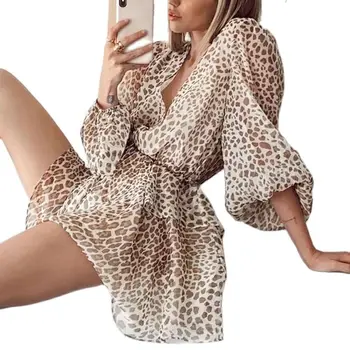 Mados Šifono seksualus V-kaklo Leopardas Spausdinti ilgomis Rankovėmis moterų slim suknelė vestido moteris vasarą 2021 Suknelės moterims atsitiktinis plonas