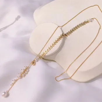 Nemokamas pristatymas lady karšto parduoti kviečių ausis dizaino elegantiškas ilgas kūnas karoliai su gamtos tikras perlas aukštos kokybės vestuvių papuošalai