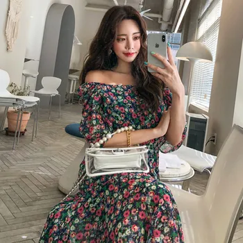 Gėlių Spausdinti Vasaros Suknelė Moterims Trumpomis Rankovėmis Velniop Kaklo Elegantiškas Korėjiečių Šalis Suknelė Paplūdimio Boho Ilgai Midi Suknelė Vintage 2021 Naujas