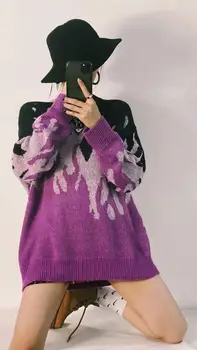 Moterų megzti ilgomis Rankovėmis Megztinis Prarasti Apvalios Kaklo Liepsna megzti Megztinis Rudenį, Žiemą Megztiniai Viršų