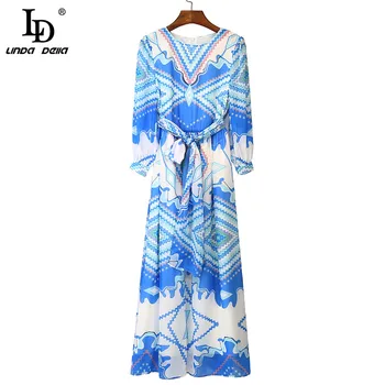 LD LINDA DELLA Naujas 2021 Mados Dizaineris Vasaros Šifono Suknelė Moterims Žibintų Rankovės Nėrinių Banga Sumažinti spausdinimo Elegantiškas Atostogų Suknelė