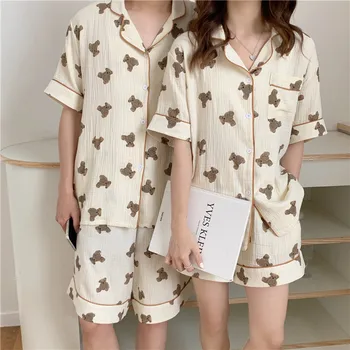 Medvilnės juokinga lokys homewear pora sleepwear moterų pajama nustatyti vasaros 2 dalių komplektas marlės medvilnės kvėpuojantis pižamos, šortai Y879