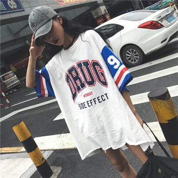 Moterų korėjos Stiliaus Apvalios Kaklo Harajuku Plius Dydis Half-Sleeve Vidutinio Ilgio Jersey Beisbolo Vienodas Hip-Hop T-shirt Prarasti Viršūnės
