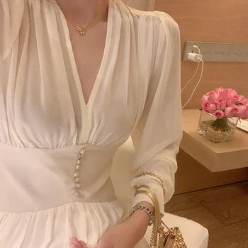 Pavasarį, Vasarą, Rudenį saldus Šifono Akių Prarasti V-kaklo Moteriški Balti Midi Suknelė ilgomis rankovėmis elegantiškas Vestuvių moterų Suknelės, Šaliai