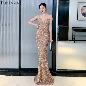 Partysix 2021 Sexy V Kaklo Aukso China Vakarinę Suknelę Moteris Dirželis Suknelė Šalis Rankovių Maxi Dress Ilga Prom Dress