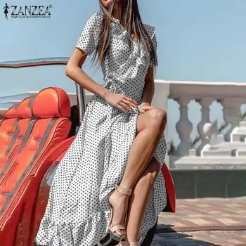 2021 Vasaros Bohemijos Maxi Suknelė Moterims, Elegantiškas Polka Dot Skraiste ZANZEA Šalies Pynimas Vestido Mados Montavimo V Kaklo Suknelės Negabaritinių