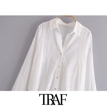 TRAF Moterų Mados Su Siuvinėjimo Prarasti Palaidinės Derliaus ilgomis Rankovėmis Mygtuką-iki Moterų Marškiniai Blusas Prašmatnus Viršūnės