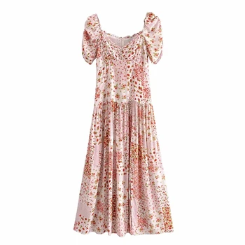 Elegantiškas Moterims Gėlių Spausdinti Kratinys Midi Suknelė 2021 M. Vasarą Naujas Bohemijos Sluoksniuotos Rankovėmis Aikštėje Apykaklės Aukštos Juosmens Holuday Vestidos
