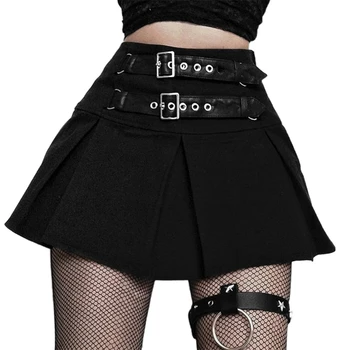 Moterų Gothic Punk Aukšto Juosmens Juoda Mini Plisuotos Čiuožėjas Sijonas Kelnės su Dvigubo Diržo Sagtis Harajuku Streetwear