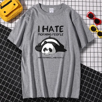 Mados Kvėpuojantis Vyrų Tee Marškinėliai trumpomis Rankovėmis T Shirts Panda aš Nekenčiu Morn Žmonių Spausdinimo Drabužių, Negabaritinių Crewneck Marškinėlius Vyras