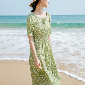 INMAN Vasaros Moterų Paplūdimio Suknelė Balta Šviežias Stiliaus Nėrinių Iškirpte Pririšti Gėlių Spausdinti Rinkti Juosmens Žakardo Sluoksniuotos Hem vientisas
