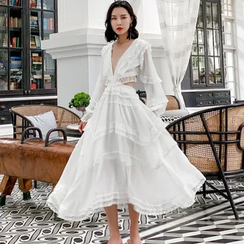 2021 M. Vasarą Europos Dizaino Vintage White Boho Aukšto Juosmens Imperijos Nėrinių Suknelė Prabanga Backless Šalis Suknelės Moterims, Elegantiškas Vakaras
