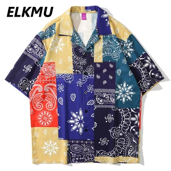 ELKMU Bandana Paisley Modelio Spalvos Bloką Havajų Marškinėliai Paplūdimio Atostogų Atsitiktiniai trumpomis Rankovėmis Marškinėliai Topai Harajuku Palaidinė HE927