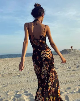 Gėlių Bohemijos Suknelė Retro Gėlių Spausdinti Dirželis Backless Suknelė Elegantiškas Mados Moterų Vasaros Slim Long Beach Suknelės Vestido Mujer