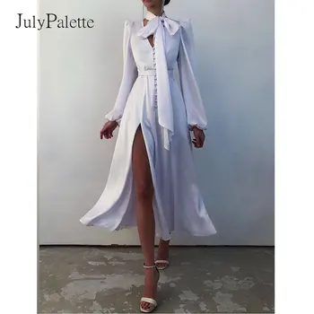 Julypalette Rudenį Elegantiškas Satino Žibintų Rankovėmis Suknelė Mados Lankas Mygtuką Moterų Maxi Šalis Suknelė Seksualus V-kaklo Padalinta Suknelė 2021