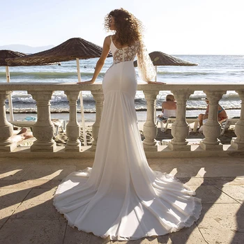 MNGRL Paprasta Vieno peties ilgomis Rankovėmis Undinė Balto Šifono 3D Gėlių Vestuvių Suknelė Backless Uodega Vestuvinė Suknelė