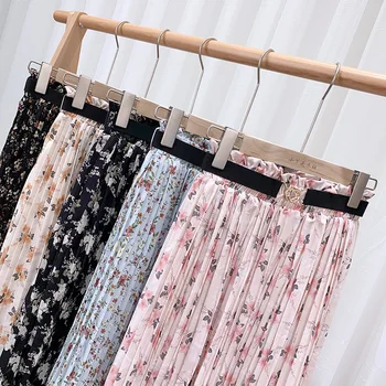 Naujas moterų šifono Gėlių/lapų Klostuotas sijonas Elastinės juostos-line vasaros sijonas