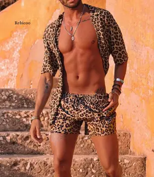 Vasaros Paplūdimio Mados Leopard Print Dviejų dalių Rinkiniai Vyrams trumpomis Rankovėmis Marškiniai ir Raišteliu Kelnės, Kostiumai Atsitiktinis Vyrų Apranga