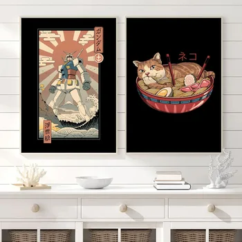 Japonų Samurajus Katė Ramen Nostalgija Namų Dekoro Meno Dekoro HD kokybės Animacinių filmų Tapybos gyvūnų plakatai, drobė, tapyba