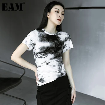 [EAM] Moterys, Baltos Modelis Atspausdintas Nereguliarus Cut marškinėliai Naujas Apvalios Kaklo trumpomis Rankovėmis Mados Banga Pavasario Vasaros 2021 1DD9636