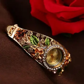 Moterų Lady Žiūrėti Grožio Crystal Spalvos Lydinio Gėlių Bangle Apyrankės Aukso Laikrodis Analoginis Kvarcas Brangakmenio Klasikinė Suknelė Laikrodį