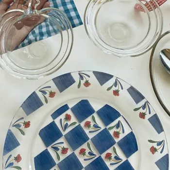 Korėjos In Gėlių Stiklo Plokštė Derliaus Vidutinės Antikvarinis Mėlynos Spalvos Stiklo Plokštė Tortas Desertas Plokštės Vakarienė Plokštės Plokštės Vakarienė