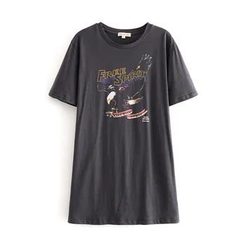 Pavasarį ir vasarą merginos prarasti medvilnės vidutinio ilgio atspausdintas T-shirt atsitiktinis apvalios kaklo paprasta T-shirt 2021 NAUJAS