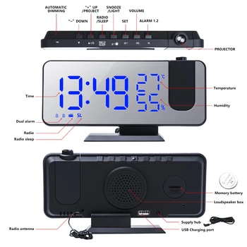 Skaitmeninis Elektroninis Žadintuvas Darbalaukio Laikrodžius, USB Pabusti FM Radijo Projektorius Atidėjimo Funkcija 180Degree Projektorius Dimeris Radijas
